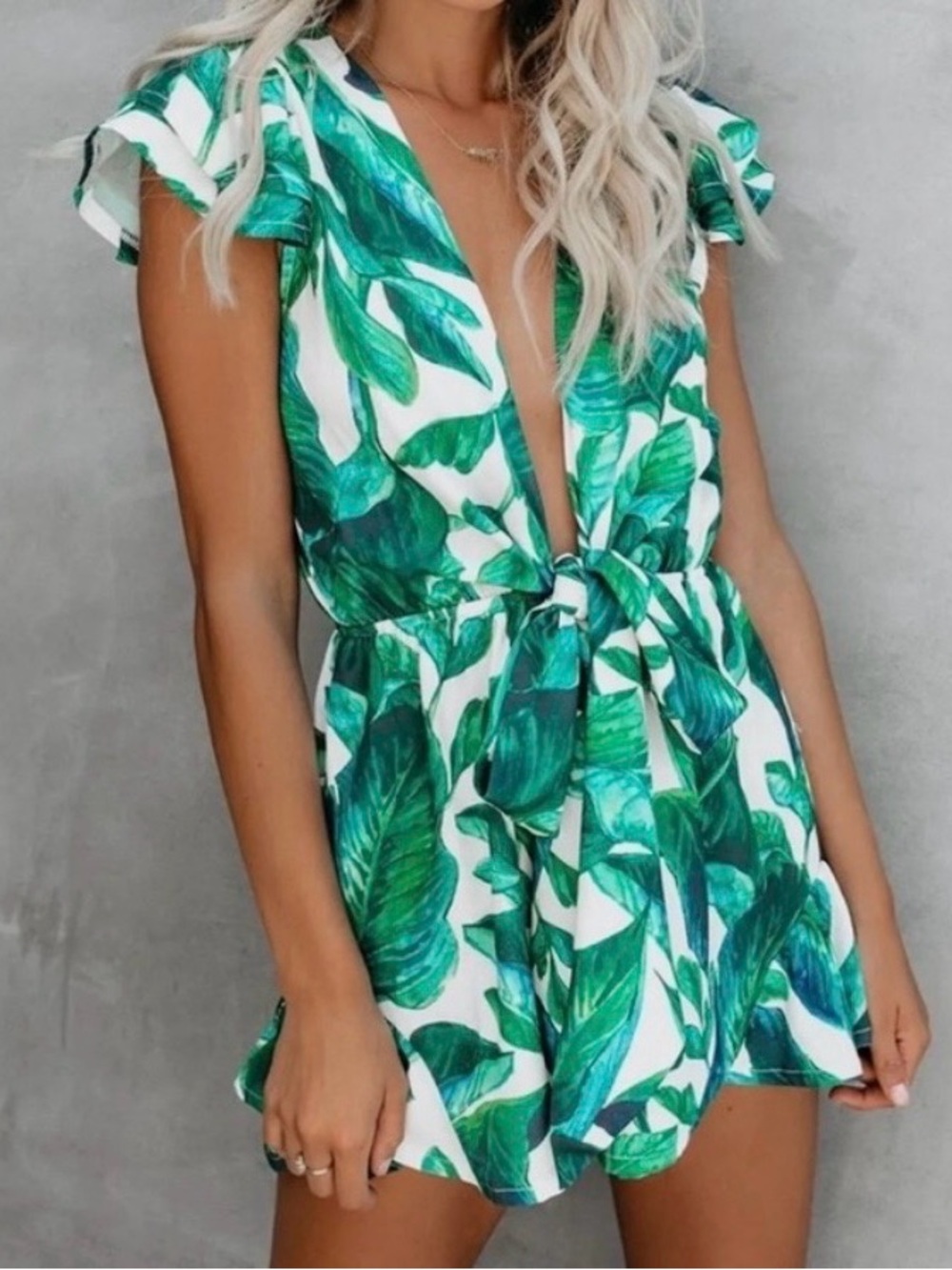 Luxxel White and Green Leaf Print Romper